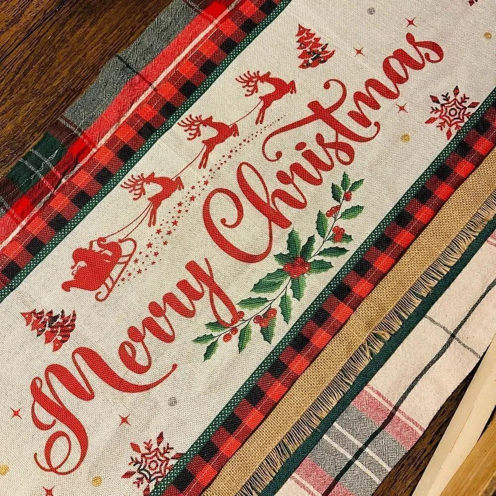 Christmas Burlap Linen Blend 108x13” Buffalo Plaid Table Runner